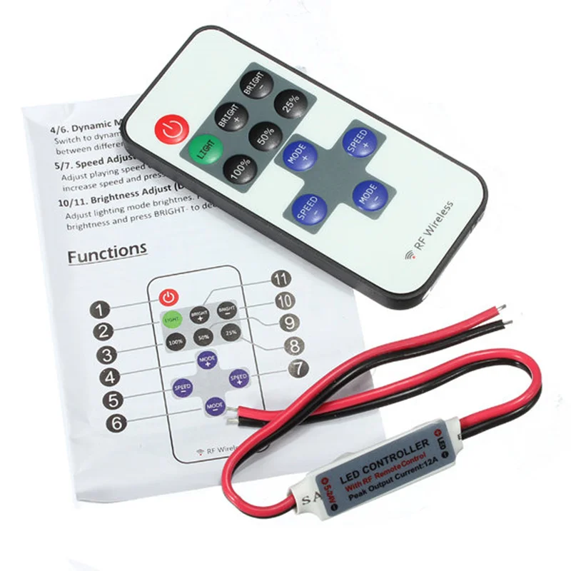 

Mini Wireless RF Single Color LED Dimmer DC 5V 12V 24v 11Key Remote Controller Adjustable LED Strip 5050 3528 2835 5630 Control