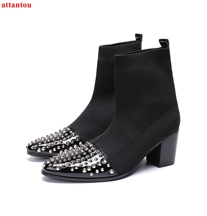 Elastic Black Woolen Men Short Boots Silver Rivet Warm Male Ankle Boots High Top Square Heel Autumn Winter Formal Dress Shoes
Elastic Black Woolen Men Short Boots Silver Rivet Warm Male Ankle Boots High Top Square Heel Autumn Winter Formal Dress Shoes
