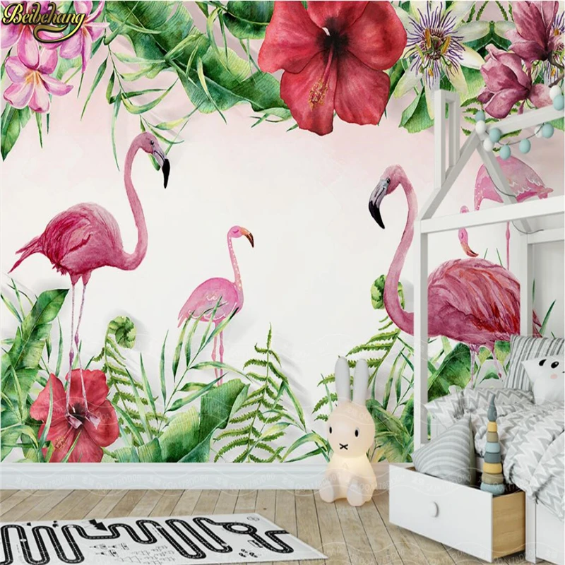 

beibehang Custom Photo Wallpaper Mural Hand Painted Medieval Tropical Flamingo Plant Wall papel de parede wall papers home decor