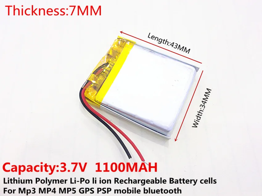 Li-po 3 7 V 1100 mAH [703443] полимерный литий-ионный/литий-ионный аккумулятор для DVR GPS mp3 mp4 mp5