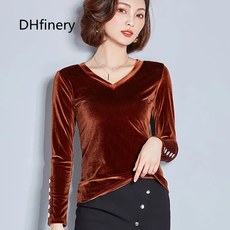 DHfinery t shirt feminina spring autumn long sleeve slim thin gold velvet v neck black brown khaki tops t-shirts size M-3XL N1
DHfinery t shirt feminina spring autumn long sleeve slim thin gold velvet v neck black brown khaki tops t-shirts size M-3XL N1
