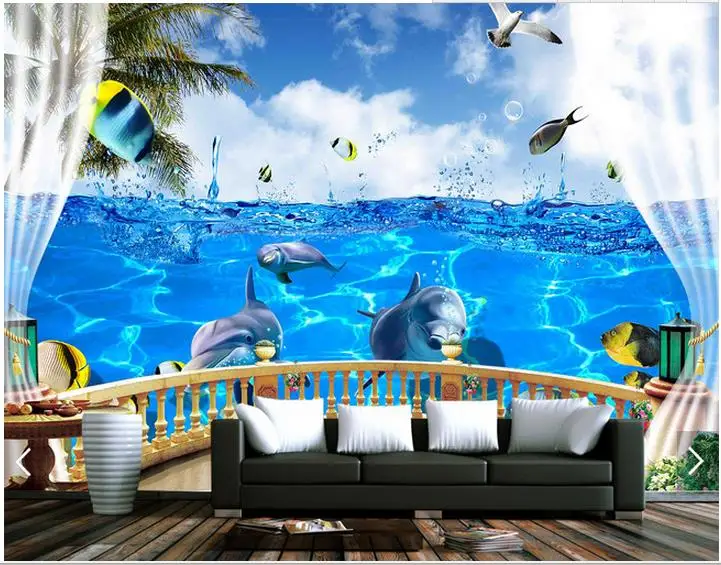 3d фото обои на заказ настенные фрески 3 d балкон Море Океан Дельфин Рыба гостиная