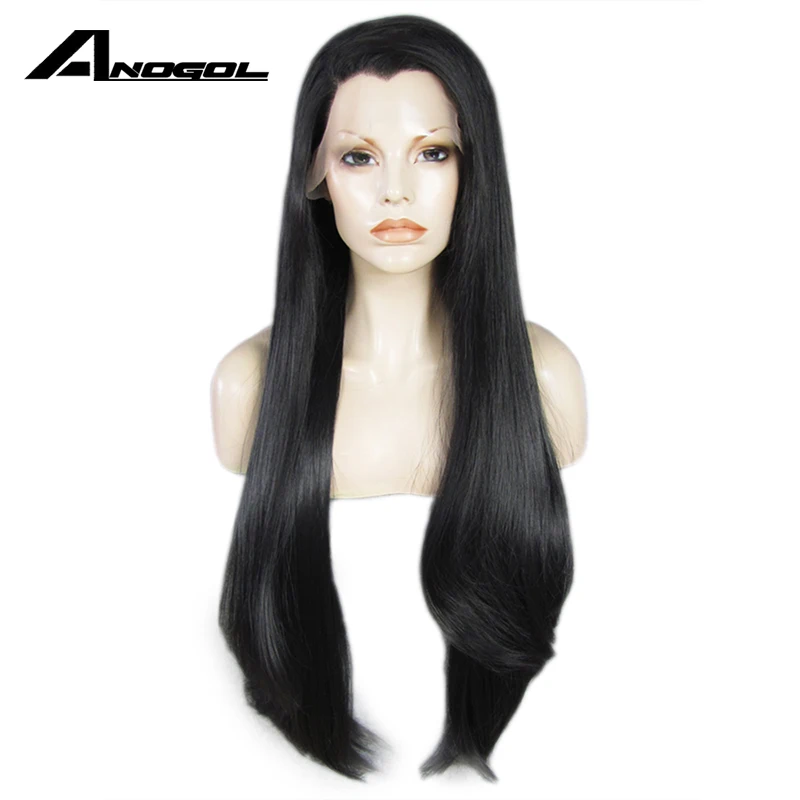 Anogol черные длинные прямые полные парики высокотемпературные волоконные