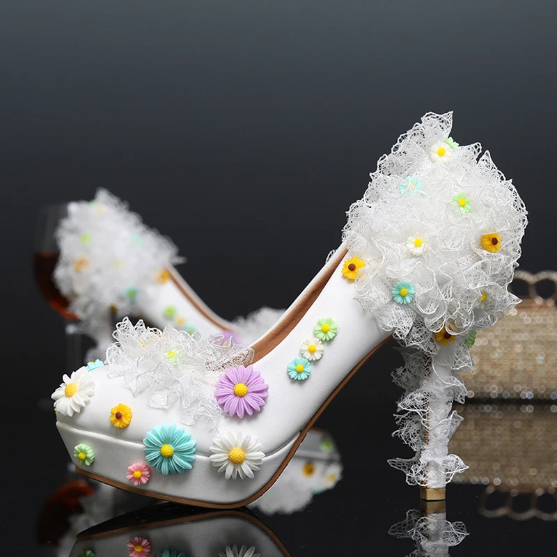 Туфли лодочки свадебные на высоком каблуке 12 см с кружевными цветами|flower bridal