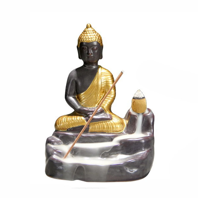 The Backflow Incense Burner Gold Buddha Cone Censer for Home Decor Dropshipping Ceramic Monk Set with 10 Pcs Cones | Дом и сад