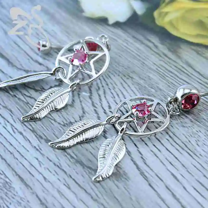Pink Crystal Navel & Bell Button Leaves Dreamcatcher Dangling Sexy Women Body Piercing Jewelry Stainless Steel Rings | Украшения и
