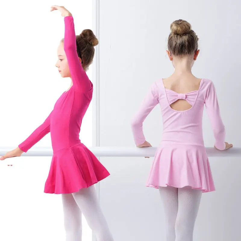 Балетное трико для девочек детское танцевальное платье с бантом длинным рукавом