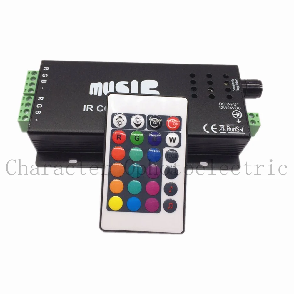 

12V - 24V 12A Sound Activated Music Controller Black Color with 24key IR Remote Control 144W 2 Ports Output for RGB LED Strip