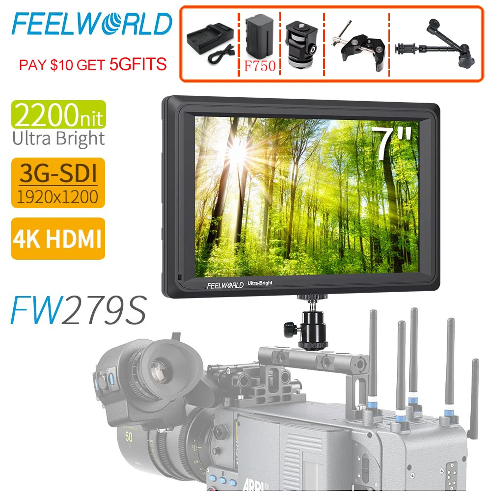 

FEELWORLD FW279S 4K HDMI-compatible 1920X1200 7 Inch 2200nit Ultra Bright Daylight Viewable 3G-SDI on Camera DSLR Field Monitor
