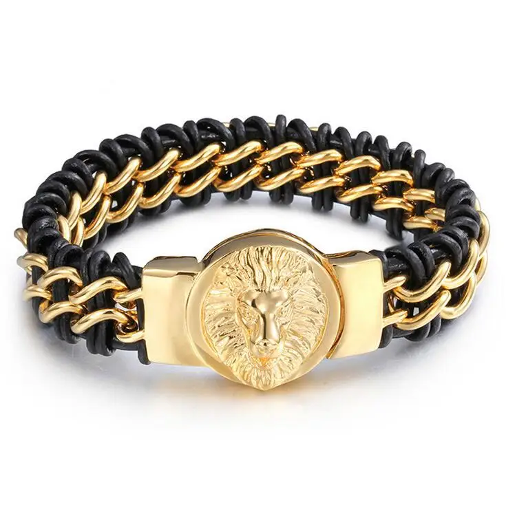 Heavy Mens Genuine Leather Braided Wristband Bracelet Gold Silver Color Stainless Steel Biker Lion Head Magnetic Clasp Bracelet
Heavy Mens Genuine Leather Braided Wristband Bracelet Gold Silver Color Stainless Steel Biker Lion Head Magnetic Clasp Bracelet