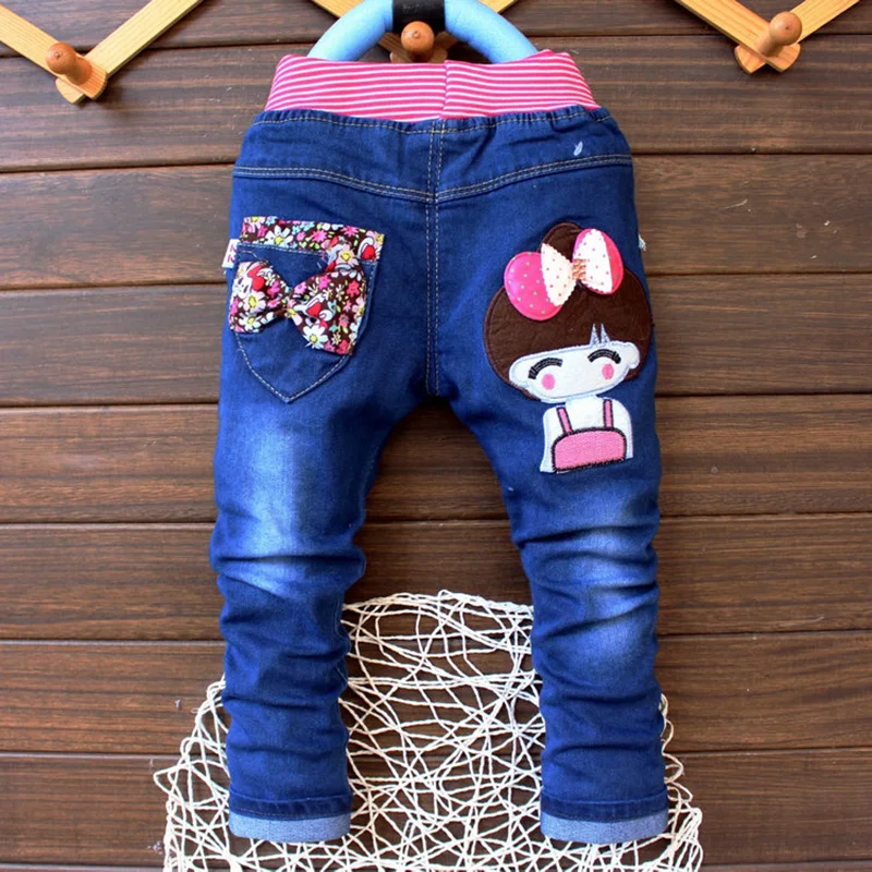 2021 Kids Girls Jeans Cartoon Girl Bow Trousers Casual Children's Clothing Elastic Waist Pencil Baby Pants | Мать и ребенок