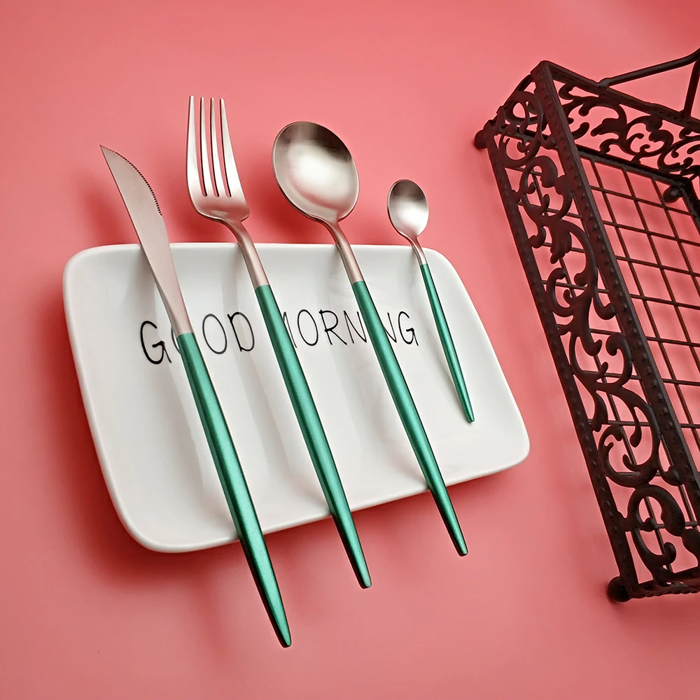 Hot Sale 4 pcs Green silver Portuguese Dinnerware Stainless steel Knife Fork Spoon Cutlery Kitchen Food Tableware Flatware Set
Hot Sale 4 pcs Green silver Portuguese Dinnerware Stainless steel Knife Fork Spoon Cutlery Kitchen Food Tableware Flatware Set