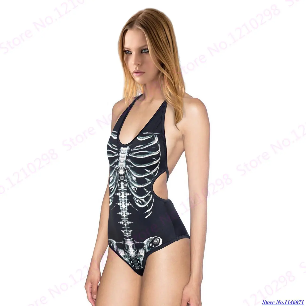 Sexy One Piece V neck Lace-up String Backless Bikini Colorful Skull Print Bodysuit New Design Rock roll Skeleton Swimsuit | Спорт и
