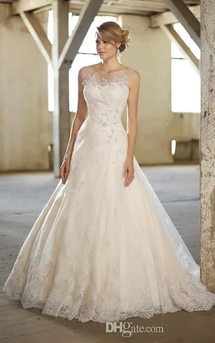 Best Selling 2015 New Illusion Scoop Neckline Wedding Dresses A-line Appliques 2015 Fashion Design Bride Gowns Custom Made SJ38
Best Selling 2015 New Illusion Scoop Neckline Wedding Dresses A-line Appliques 2015 Fashion Design Bride Gowns Custom Made SJ38