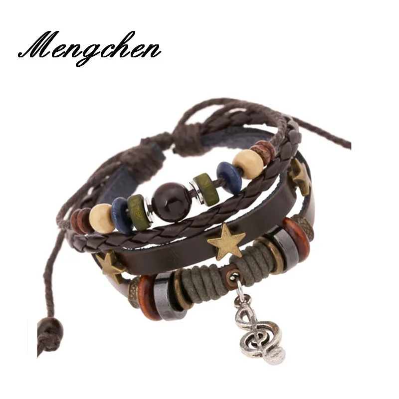 New Design Brown Leather With Star Note Metal Charms Wood Button Beads Wrap Unisex Adjustable Bracelet
New Design Brown Leather With Star Note Metal Charms Wood Button Beads Wrap Unisex Adjustable Bracelet