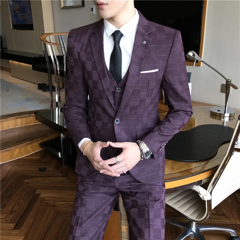 

2020 three-piece suit men The four seasons fashion youth grid business suit of cultivate one's morality