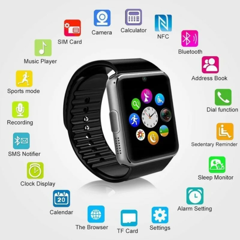 

Смарт-часы LSM GT08, Bluetooth, сенсорный экран, большая батарея, поддержка TF-карты, Sim-карты, камера, для iPhone, Android, Смарт-часы PK DZ09, 2323
