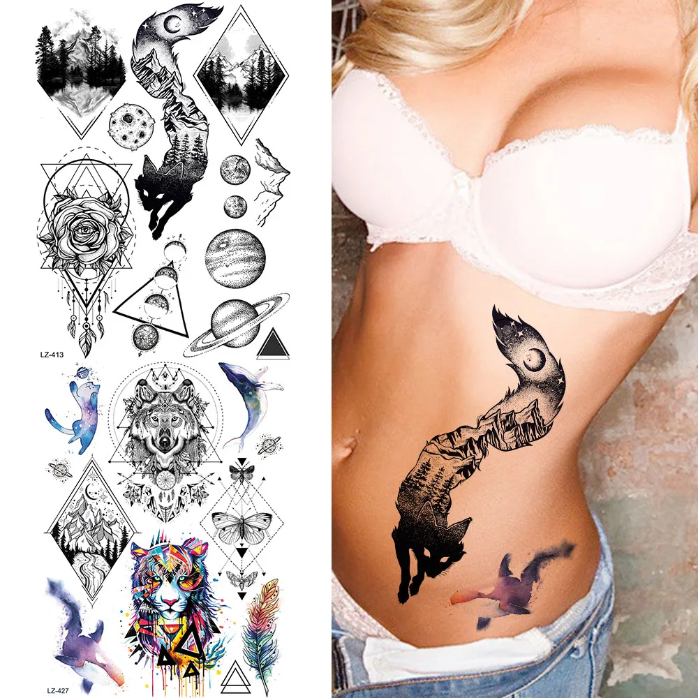 

Forest Fox Peak Black Geometric Dream Catcher Star Tattoos Temporary Fake Waterproof Arm Tattoo Stickers Women Men Planet Tatoos