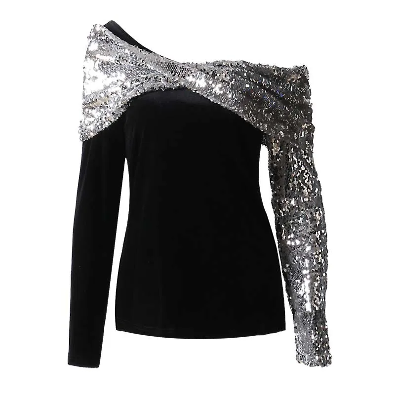 Ladies spring and autumn sweater 2019 silver bling sequin stitching stretch velvet off-the-shoulder three wearing velvet shirt
Ladies spring and autumn sweater 2019 silver bling sequin stitching stretch velvet off-the-shoulder three wearing velvet shirt
