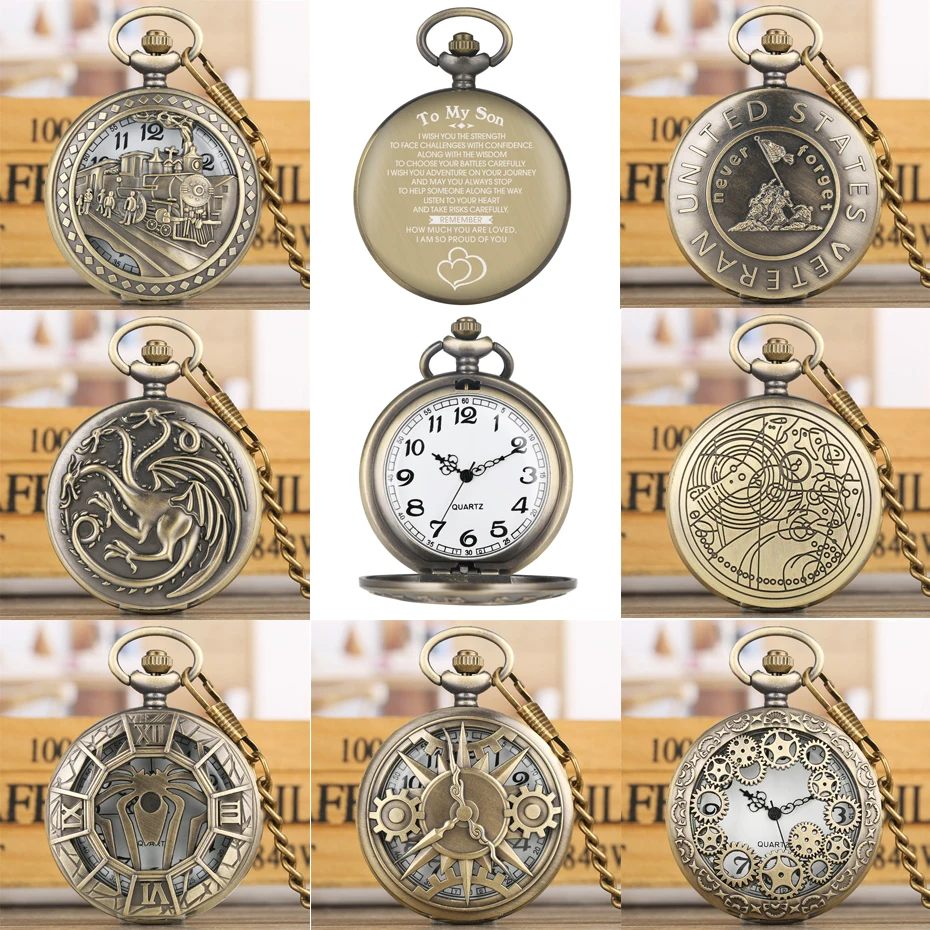 Hot Selling Vintage Bronze Quartz Pocket Watches To My Son Special Words Design Back Cover Design Punk Pocket Clock Gifts Male
Hot Selling Vintage Bronze Quartz Pocket Watches To My Son Special Words Design Back Cover Design Punk Pocket Clock Gifts Male