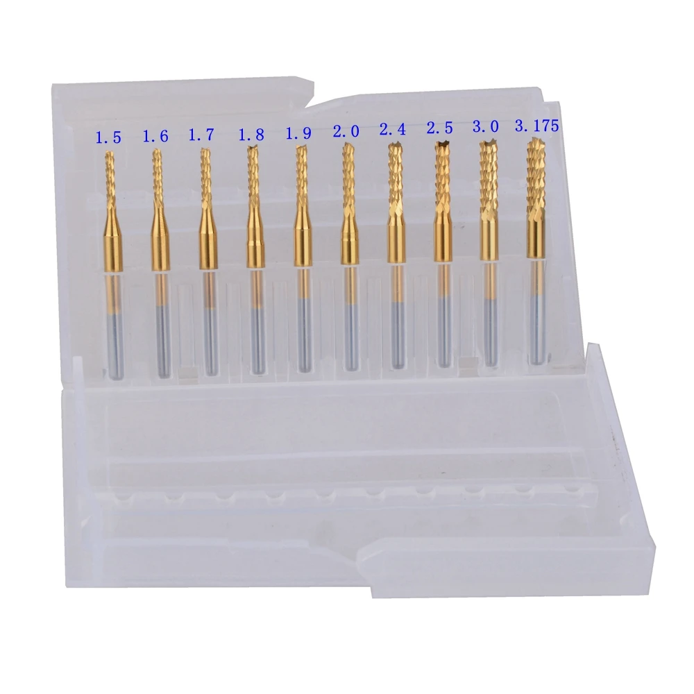 10pcs Titanium Coat Carbide 1.5-3.175mm PCB Carbide Tools, Cutting Bits, Millinging Cutters Kit for Engraving Milling Machine
10pcs Titanium Coat Carbide 1.5-3.175mm PCB Carbide Tools, Cutting Bits, Millinging Cutters Kit for Engraving Milling Machine