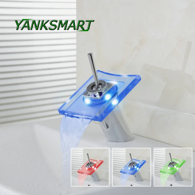 

YANKSMART LED Chrome Bathroom square glass Faucets Mixers Taps Single Handle Holes Bathroom Waterfall Chrome Basin Faucet