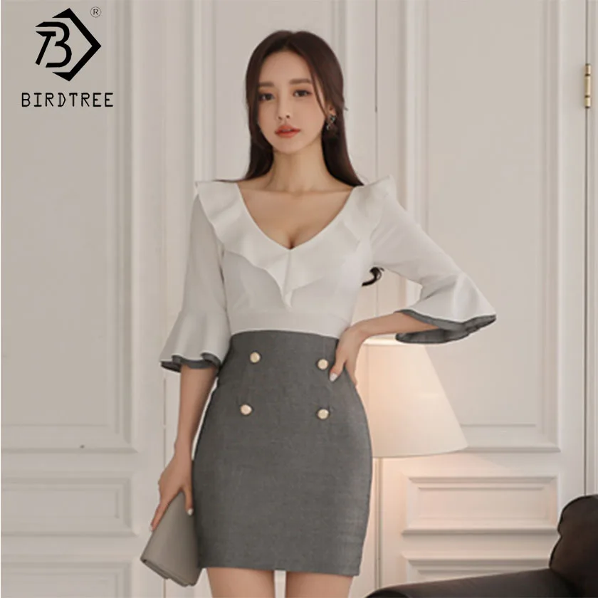 Women Patchwork Ruffles Button Deep V Neck Pencil Dresses High Waist 3/4 Butterfly Sleeve Slim Office Lady Zipper Dress D91121I
Women Patchwork Ruffles Button Deep V Neck Pencil Dresses High Waist 3/4 Butterfly Sleeve Slim Office Lady Zipper Dress D91121I