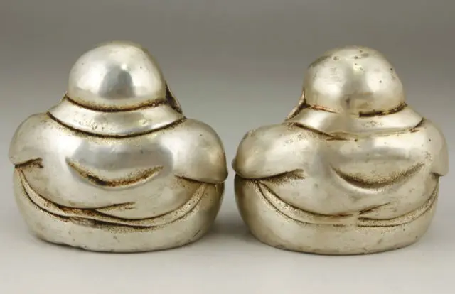 CHINESE OLD WHITE COPPER HANDWORK CARVING PAIR FAVORITE BUDDHA MONK STATUE