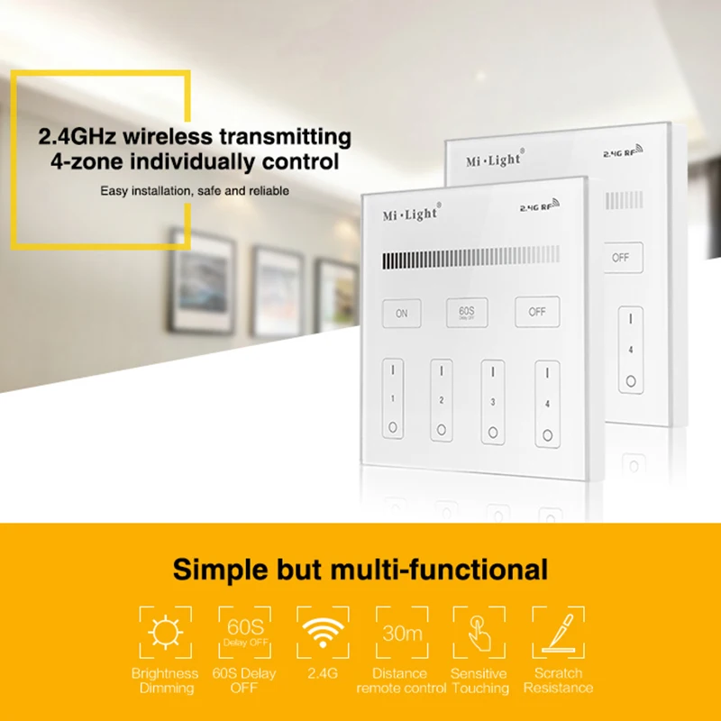 Milight T1 AC220V 4-Zone Brightness Dimming Smart Panel Remote Controller led single color dimmer for led strip lamp or bulb
Milight T1 AC220V 4-Zone Brightness Dimming Smart Panel Remote Controller led single color dimmer for led strip lamp or bulb
