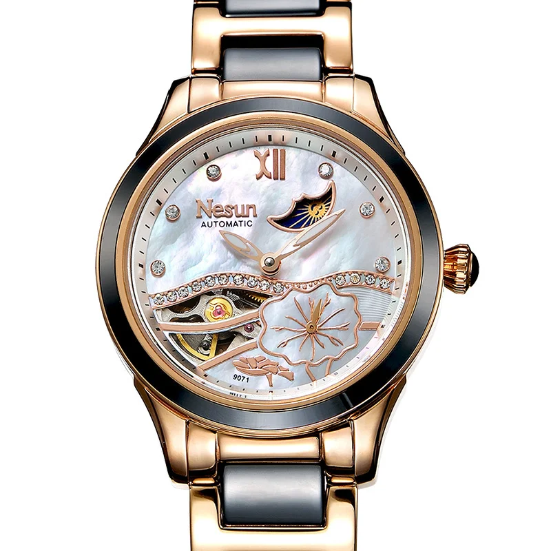 

New Switzerland NESUN Luxury Brand Automatic Mechanical Women's Watches Waterproof Skeleton Diamond Moon Phase Watch N9071-2