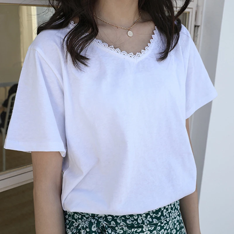 T-shirts Women Simple V-Neck Loose Lace Patchwork Short Sleeve Womens Tee 2020 Summer Korean Style Solid Elegant Top Chic Ladies
T-shirts Women Simple V-Neck Loose Lace Patchwork Short Sleeve Womens Tee 2020 Summer Korean Style Solid Elegant Top Chic Ladies