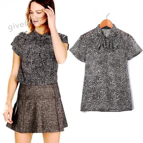 blusas femininas 2015 Fashion shirt Lady Women Leopard New Summer Chiffon Flounced Short Sleeve Print Tops 29 |