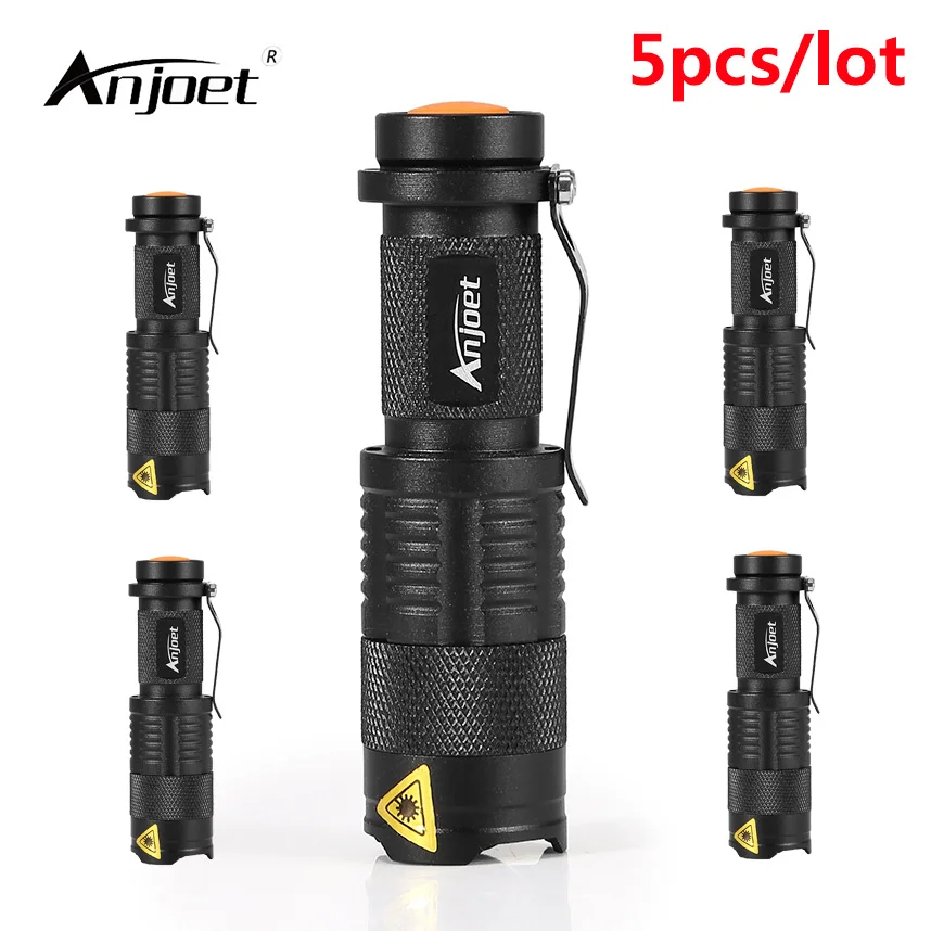 

ANJOET 5pcs/lot SK68 LED Mini Flashlight Portable Zoomable Q5 led torch 3-mode lamp Lighting For AA or 14500