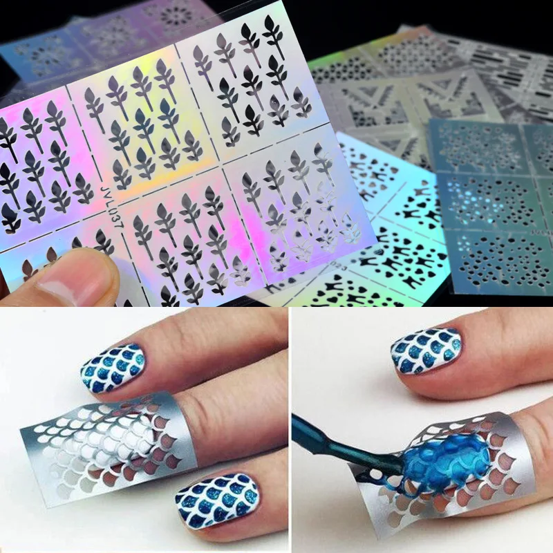 

1 Sheets 8cm*2.7cm Nail Art stamp Stamping Image Plate Manicure Irregular Grid Stencil Vinyls Hollow Stickers Template Nail Art
