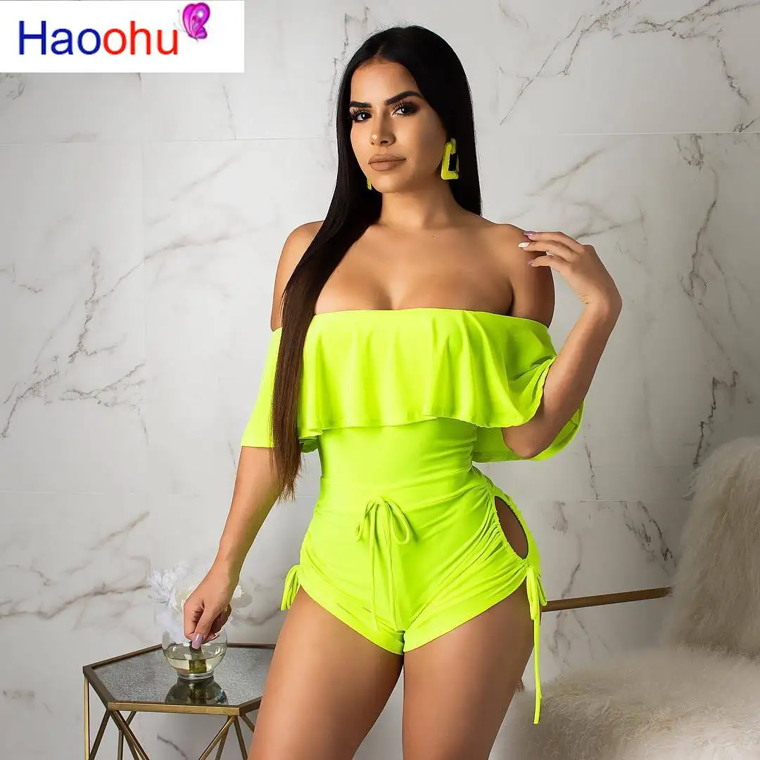 Женский комбинезон с открытыми плечами HAOOHU неоновый зеленый рюшами на завязках