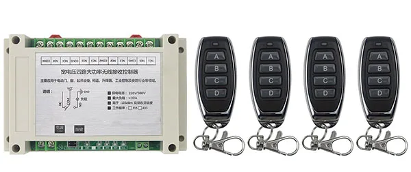 AC220V 250V 380V 30A 4CH RF Wireless Remote Control Relay Switch Security System Garage Doors Gate Electric Doors shutters
AC220V 250V 380V 30A 4CH RF Wireless Remote Control Relay Switch Security System Garage Doors Gate Electric Doors shutters