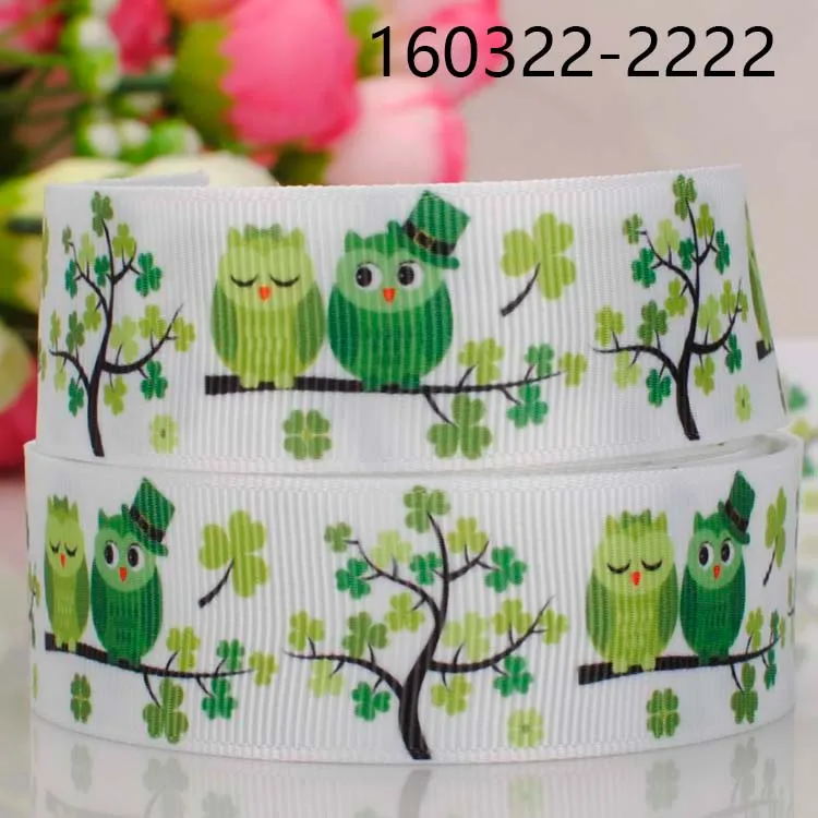 

Wholesale OEM 50 Yards St Patrick's Day Printed Grosgrain Ribbon Lovely Owl Clover Cartoon Ribbon for Party Decoration