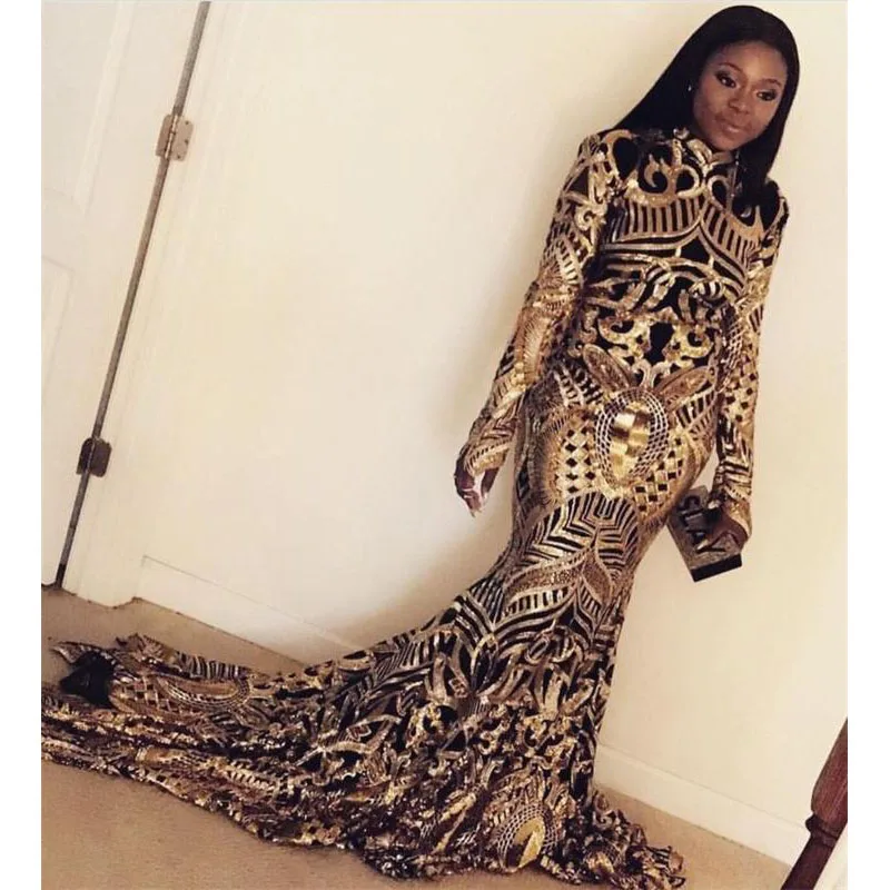 Gold Black Long Mermaid Prom Dress New Long Sleeve Sequined Sweep Strain Black Girl Formal Evening Dress Party Gowns
Gold Black Long Mermaid Prom Dress New Long Sleeve Sequined Sweep Strain Black Girl Formal Evening Dress Party Gowns