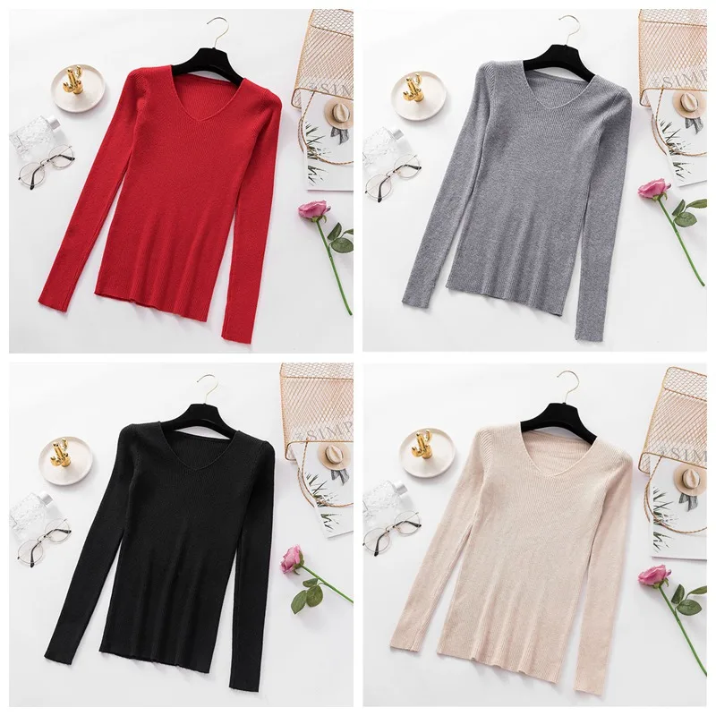 Women Knitted V-Neck Long Sleeve Sweaters Slim Solod Pullovers Tops Autumn Winter Knitted Sweaters
Women Knitted V-Neck Long Sleeve Sweaters Slim Solod Pullovers Tops Autumn Winter Knitted Sweaters