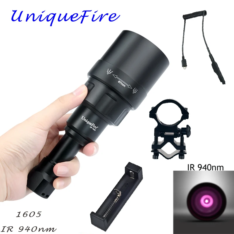 UniqueFire 1605 IR 940NM LED Flashlight 67mm Lens Infrared Light Night Vision Torch 3 Mode Rechargeable KIT SET For Hunting
UniqueFire 1605 IR 940NM LED Flashlight 67mm Lens Infrared Light Night Vision Torch 3 Mode Rechargeable KIT SET For Hunting