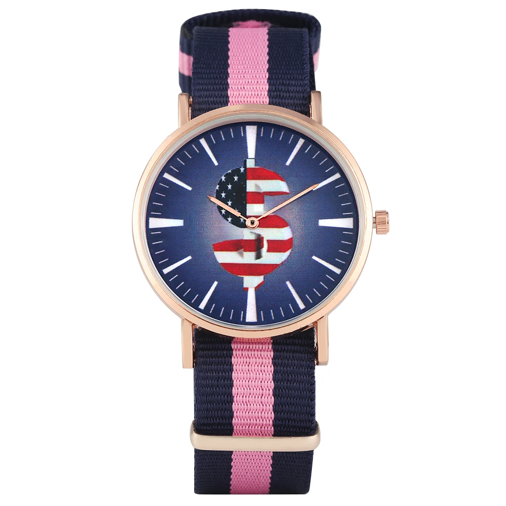 Women's Rose Golden Case Quartz Watch Charming Dollar Currency Symbol with American Flag Element Watch for Female Nylon Strap
Women's Rose Golden Case Quartz Watch Charming Dollar Currency Symbol with American Flag Element Watch for Female Nylon Strap