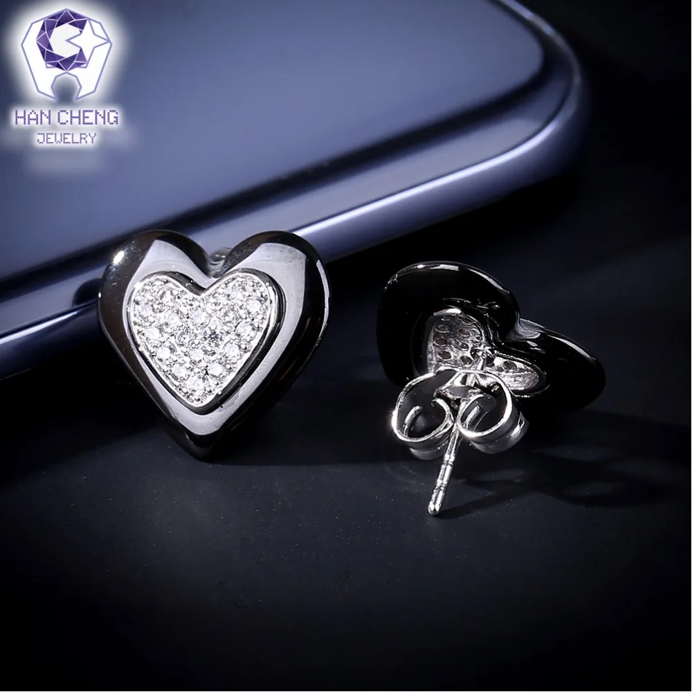 HanCheng New Fashion Silver Plated Nail Gem Stone Cubic Zirconia Ceramic Heart Stud Earrings For Women Jewelry brincos bijoux | Украшения и