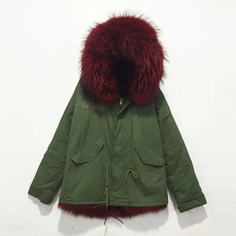 Wine red full fox fur inside lining winter jacket Army green parka with big collar good quality
Wine red full fox fur inside lining winter jacket Army green parka with big collar good quality