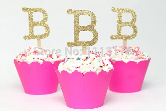 

Gold Glitter Letter Cupcake Toppers Girls Birthday Party Personalized Initial Topper Princess Party.wedding party bridal shower