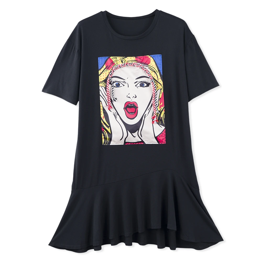 Neatie kiddie Fashion Loose Character Patch Print Dress Black Short Sleeve Summer Midi Robes Femme 
Neatie kiddie Fashion Loose Character Patch Print Dress Black Short Sleeve Summer Midi Robes Femme