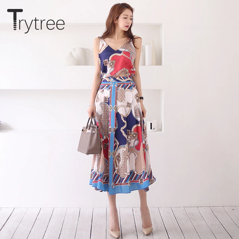 Trytree Summer Women two piece Set Casual Print V-Neck Tank Tops + Skirts Zipper A-Line Mid-Calf Silky Bohemian Suit 2 Piece Set
Trytree Summer Women two piece Set Casual Print V-Neck Tank Tops + Skirts Zipper A-Line Mid-Calf Silky Bohemian Suit 2 Piece Set