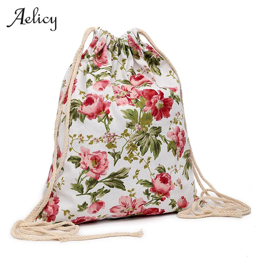 Aelicy 2020 Women Casual Drawstring Bag Sackpack Floral Prints Backpack Canvas Travel Girls School Bags Mochila Rugzak 0918 | Багаж и