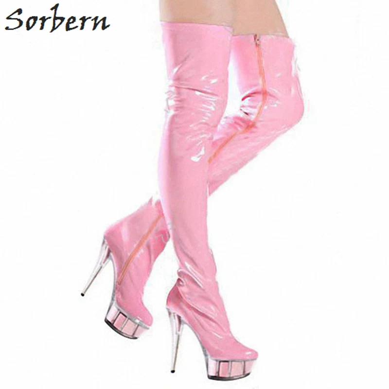 

Sorbern Pink Shiny Sexy Fetish High Heel Boots For Women Clear Platform Pvc Heels Thigh High Boots Zippers Size 12 Women Shoes