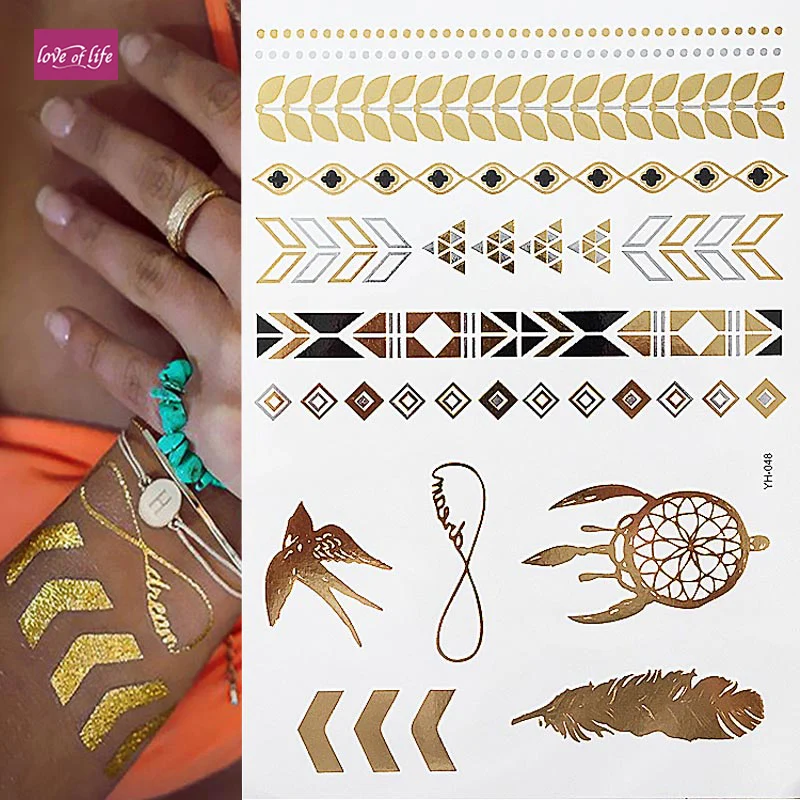 1pc Gold Silver Metallic Tattoo Jewel Fashion Feather Swallow Arrow Design Flash Waterproof Temporary Tattoo Sticker
1pc Gold Silver Metallic Tattoo Jewel Fashion Feather Swallow Arrow Design Flash Waterproof Temporary Tattoo Sticker