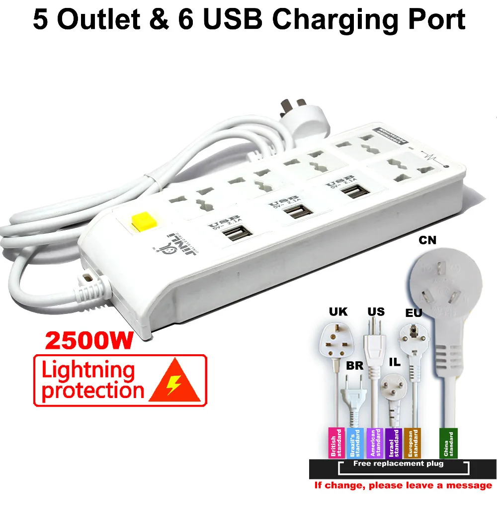 EU UK US type Universal Power Strip Socket and 6 USB Charger Ports with Lightning protection
EU UK US type Universal Power Strip Socket and 6 USB Charger Ports with Lightning protection